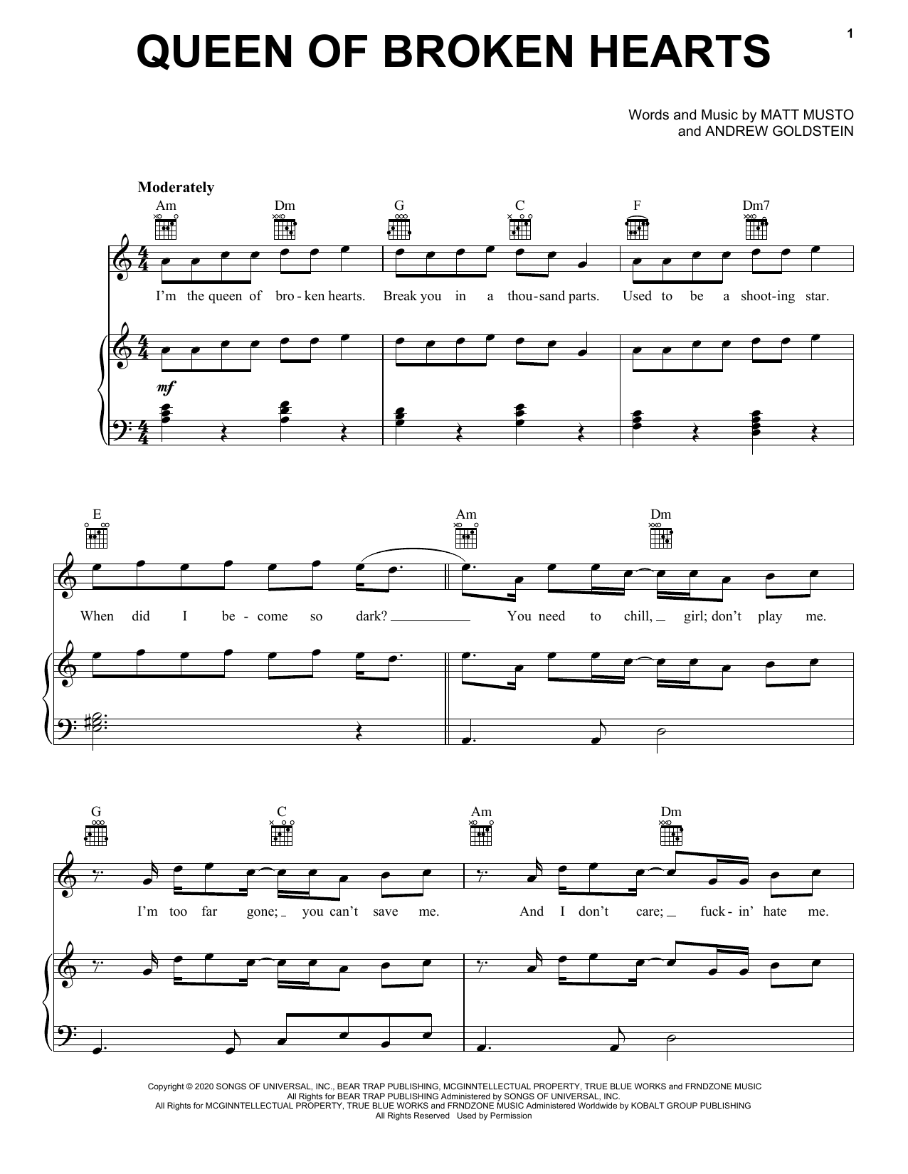 Download blackbear queen of broken hearts Sheet Music and learn how to play Piano, Vocal & Guitar Chords (Right-Hand Melody) PDF digital score in minutes