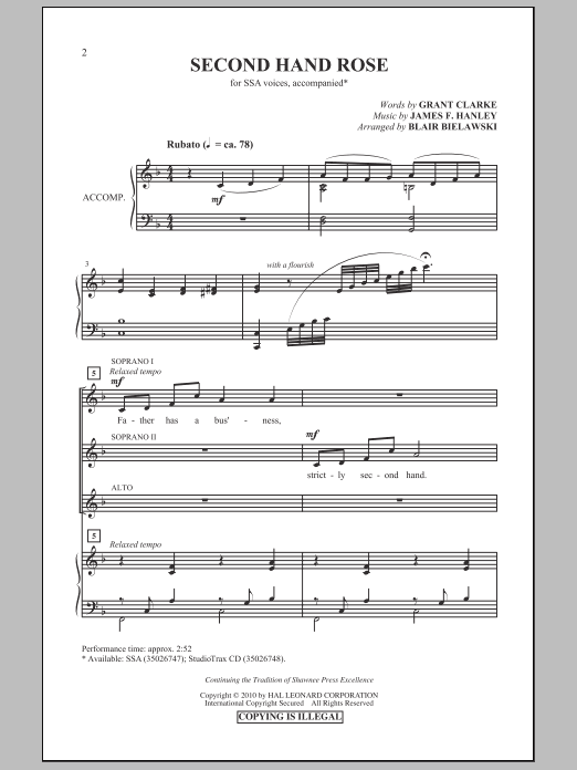 Download Blair Bielawski Second Hand Rose Sheet Music and learn how to play SSA Choir PDF digital score in minutes