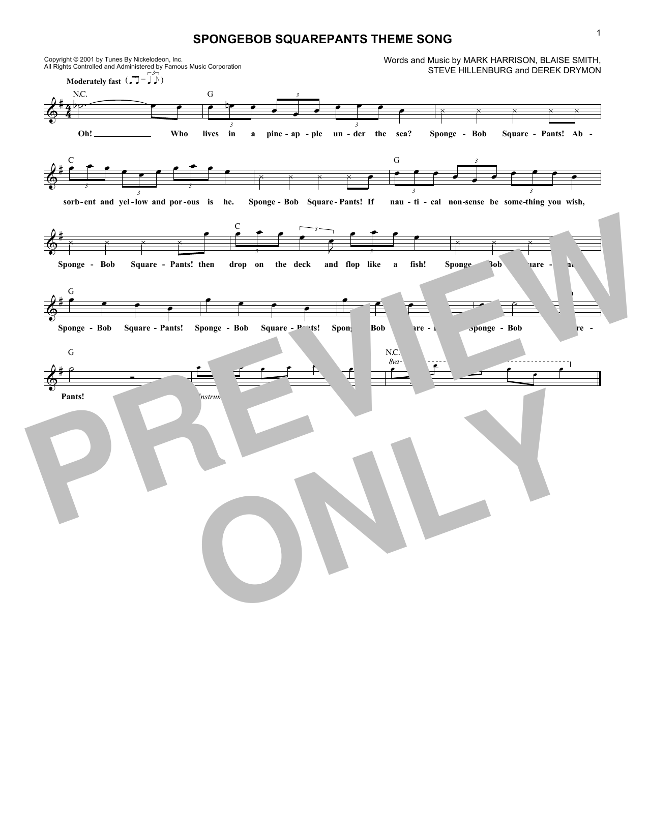 Download Blaise Smith SpongeBob SquarePants Theme Song Sheet Music and learn how to play Melody Line, Lyrics & Chords PDF digital score in minutes