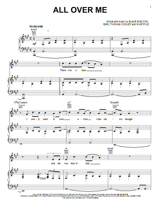 Download Blake Shelton All Over Me Sheet Music and learn how to play Piano, Vocal & Guitar (Right-Hand Melody) PDF digital score in minutes