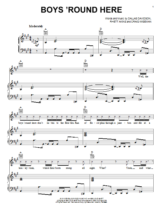 Download Blake Shelton Boys 'Round Here Sheet Music and learn how to play Piano, Vocal & Guitar (Right-Hand Melody) PDF digital score in minutes