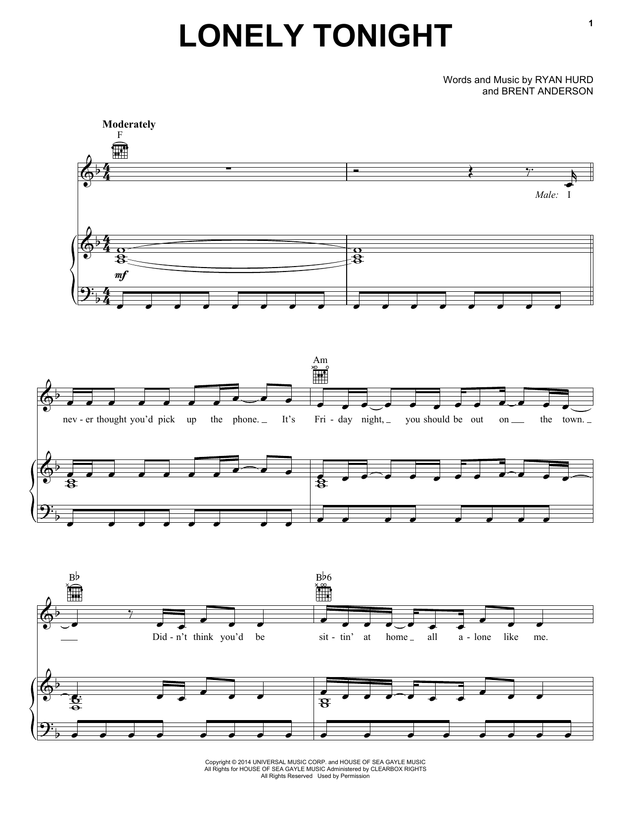 Download Blake Shelton Lonely Tonight (feat. feat. Ashley Monroe) Sheet Music and learn how to play Piano, Vocal & Guitar (Right-Hand Melody) PDF digital score in minutes