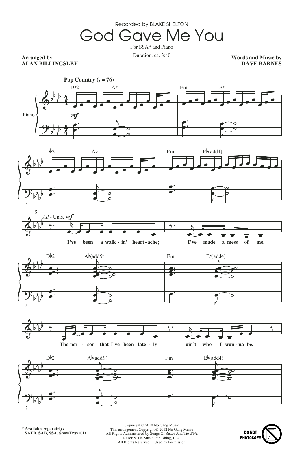 Download Blake Shelton God Gave Me You (arr. Alan Billingsley) Sheet Music and learn how to play SSA Choir PDF digital score in minutes