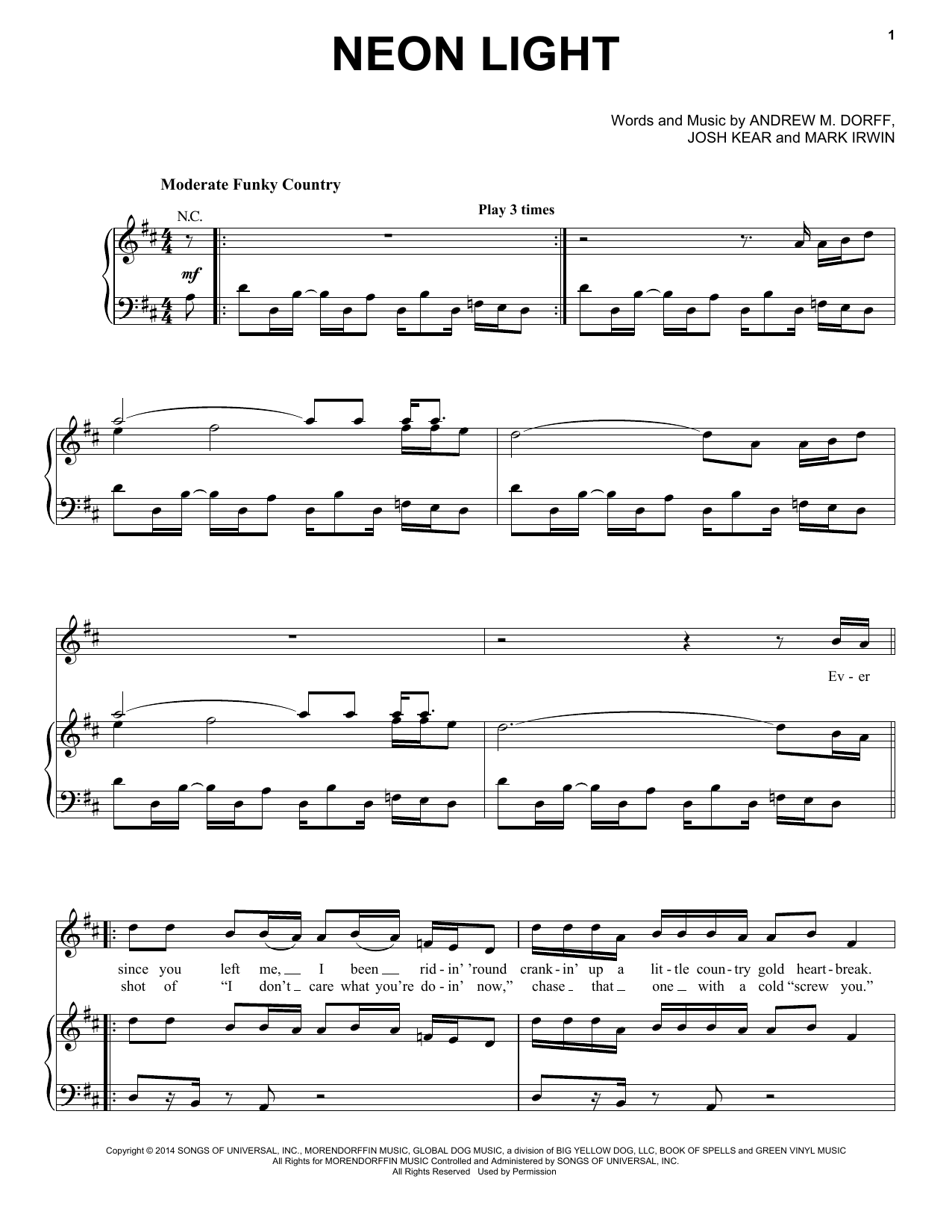 Download Blake Shelton Neon Light Sheet Music and learn how to play Piano, Vocal & Guitar (Right-Hand Melody) PDF digital score in minutes