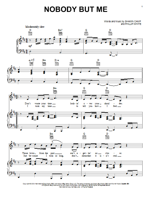 Download Blake Shelton Nobody But Me Sheet Music and learn how to play Piano, Vocal & Guitar (Right-Hand Melody) PDF digital score in minutes