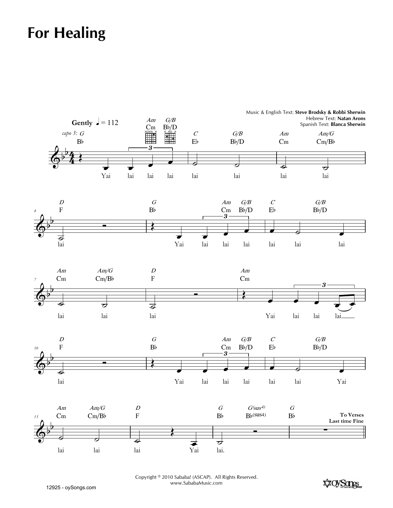 Download Blanca Sherwin For Healing Sheet Music and learn how to play Melody Line, Lyrics & Chords PDF digital score in minutes