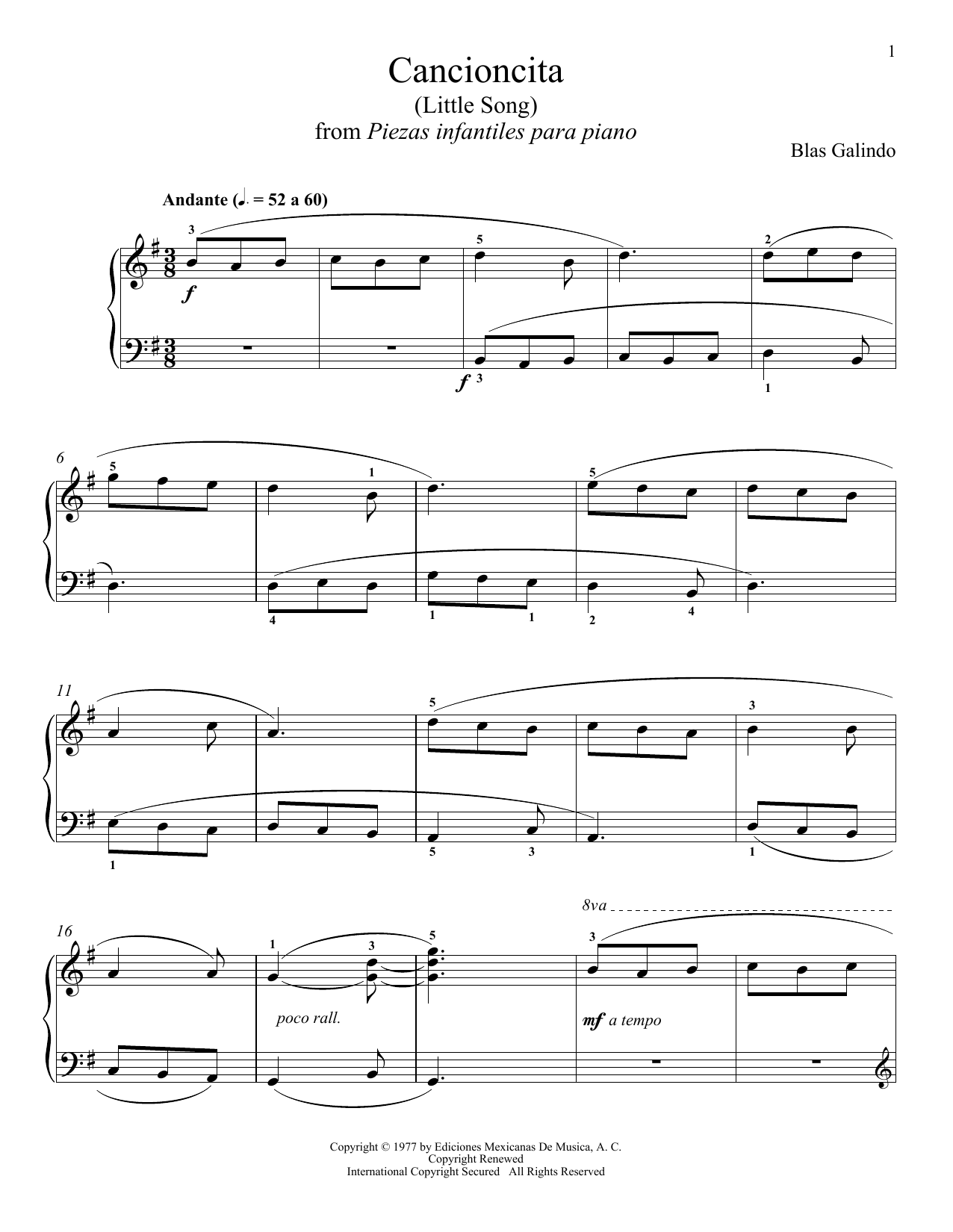 Download Blas Galindo Cancioncita Sheet Music and learn how to play Piano Solo PDF digital score in minutes