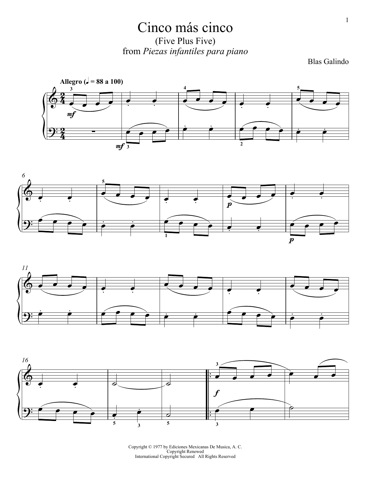 Download Blas Galindo Cinco Mas Cinco Sheet Music and learn how to play Piano Solo PDF digital score in minutes