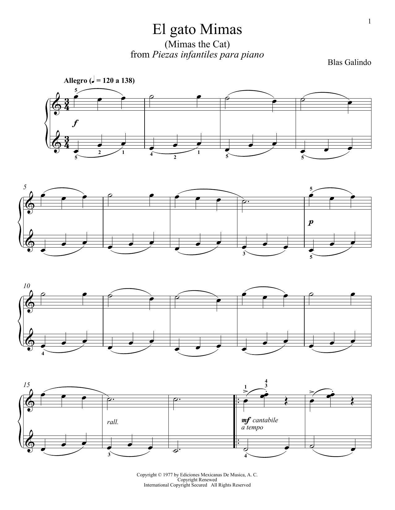 Download Blas Galindo El Gato Mimas Sheet Music and learn how to play Piano Solo PDF digital score in minutes