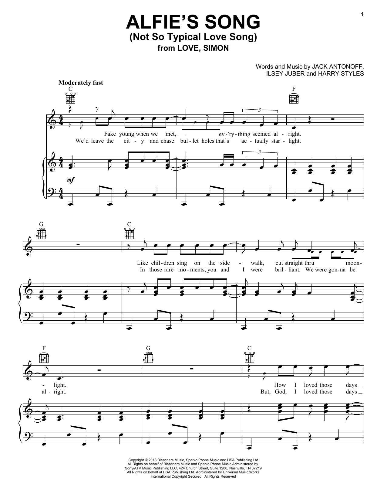 Download Bleachers Alfie's Song (Not So Typical Love Song) (from Love, Simon) Sheet Music and learn how to play Piano, Vocal & Guitar Chords (Right-Hand Melody) PDF digital score in minutes