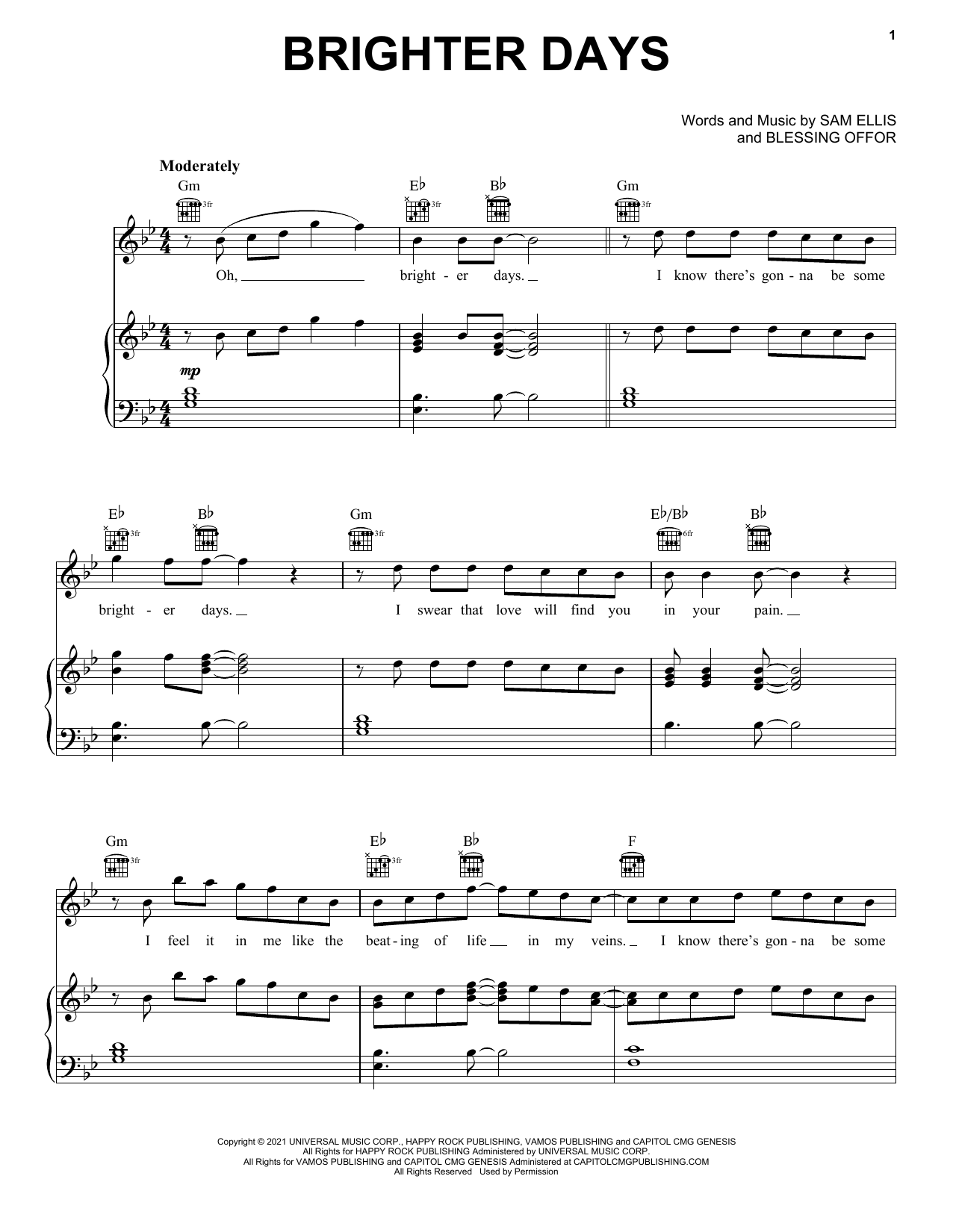 Download Blessing Offor Brighter Days Sheet Music and learn how to play Piano, Vocal & Guitar Chords (Right-Hand Melody) PDF digital score in minutes