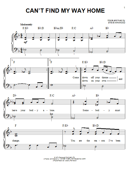 Download Eric Clapton Can't Find My Way Home Sheet Music and learn how to play Really Easy Guitar PDF digital score in minutes