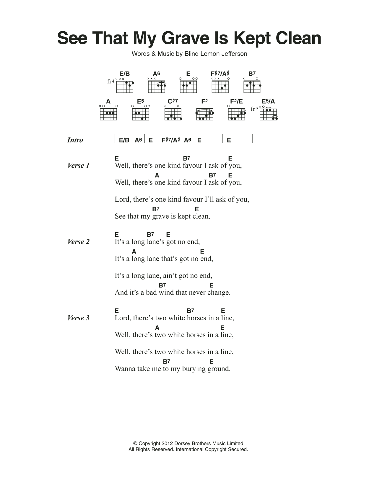 Download Blind Lemon Jefferson See That My Grave Is Kept Clean Sheet Music and learn how to play Lyrics & Chords PDF digital score in minutes