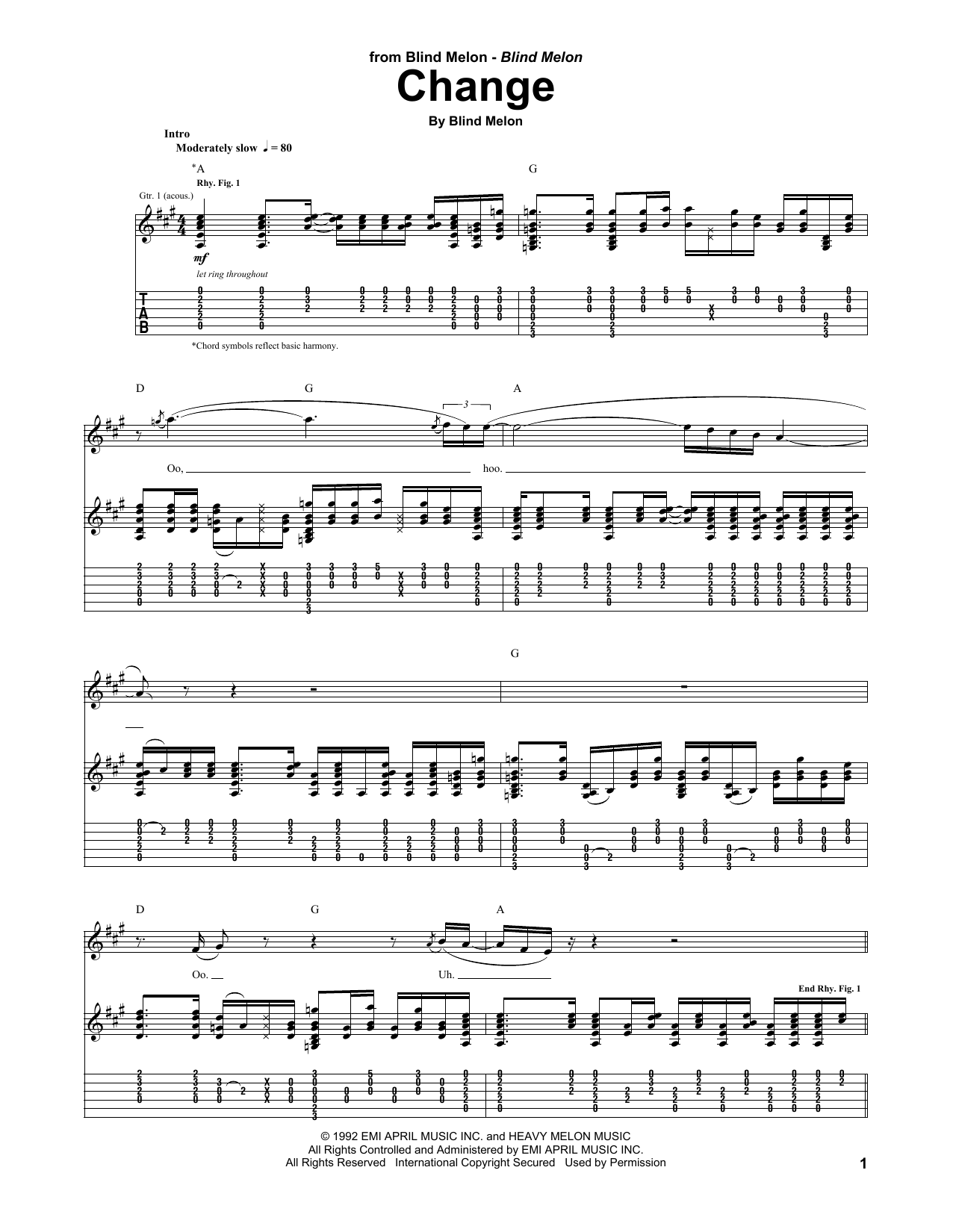 Download Blind Melon Change Sheet Music and learn how to play Guitar Tab PDF digital score in minutes