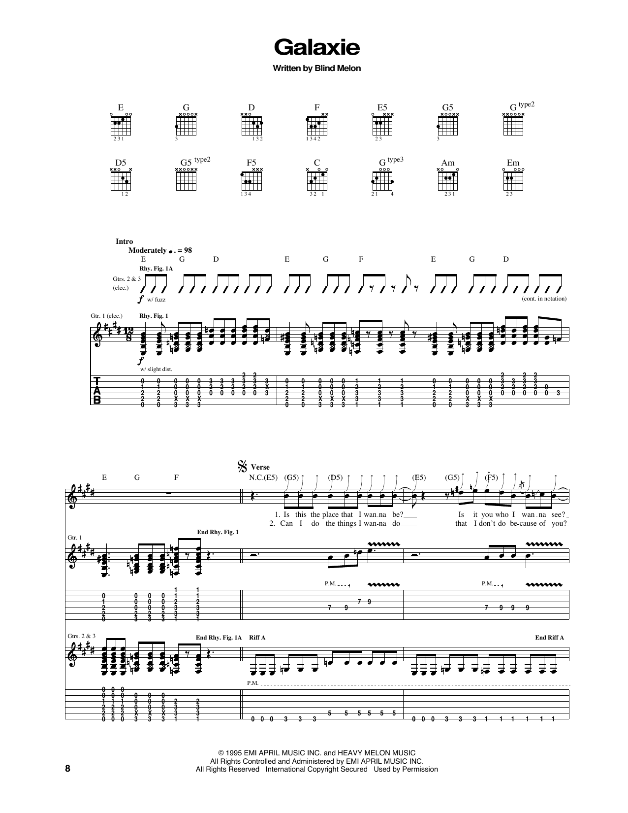 Download Blind Melon Galaxie Sheet Music and learn how to play Guitar Tab PDF digital score in minutes