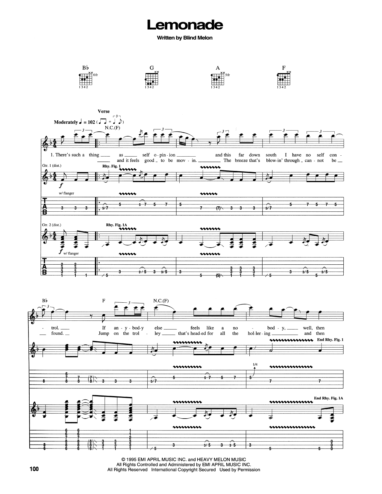 Download Blind Melon Lemonade Sheet Music and learn how to play Guitar Tab PDF digital score in minutes