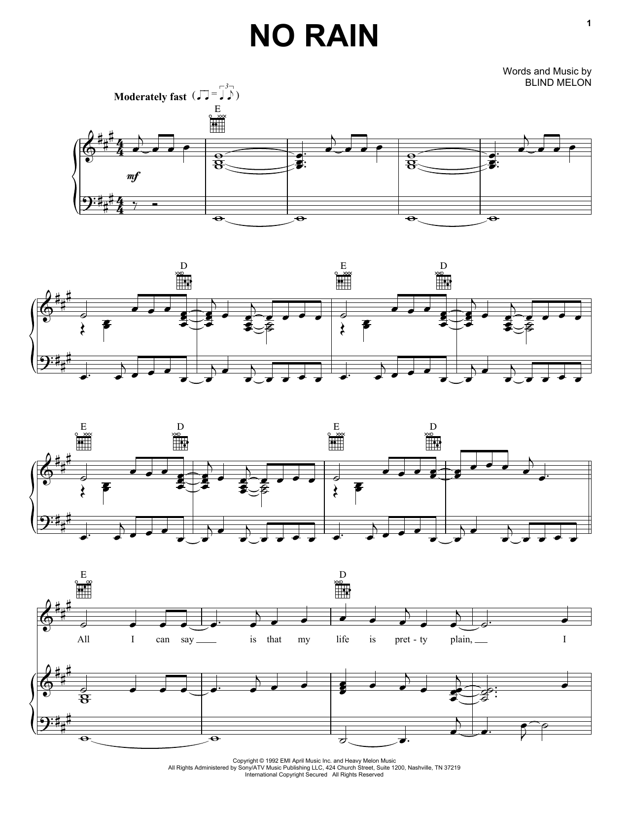 Download Blind Melon No Rain Sheet Music and learn how to play Real Book – Melody, Lyrics & Chords PDF digital score in minutes