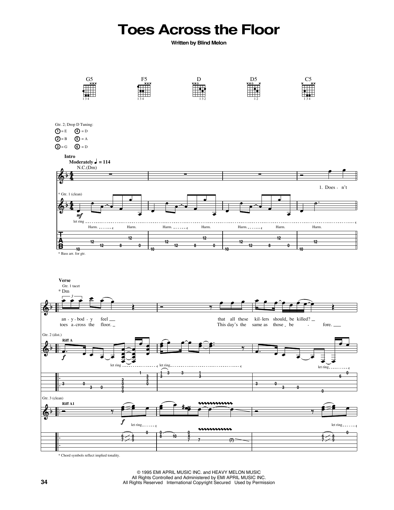 Download Blind Melon Toes Across The Floor Sheet Music and learn how to play Guitar Tab PDF digital score in minutes