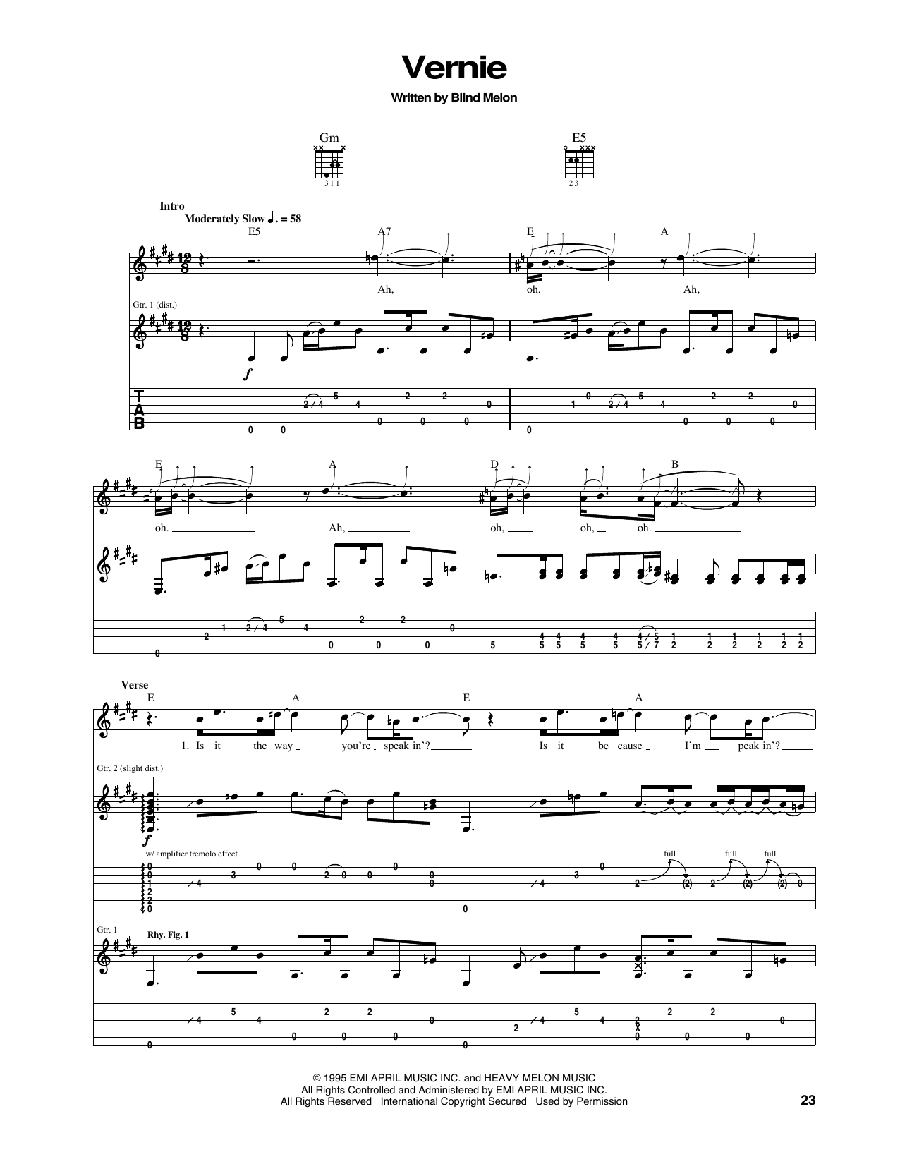 Download Blind Melon Vernie Sheet Music and learn how to play Guitar Tab PDF digital score in minutes