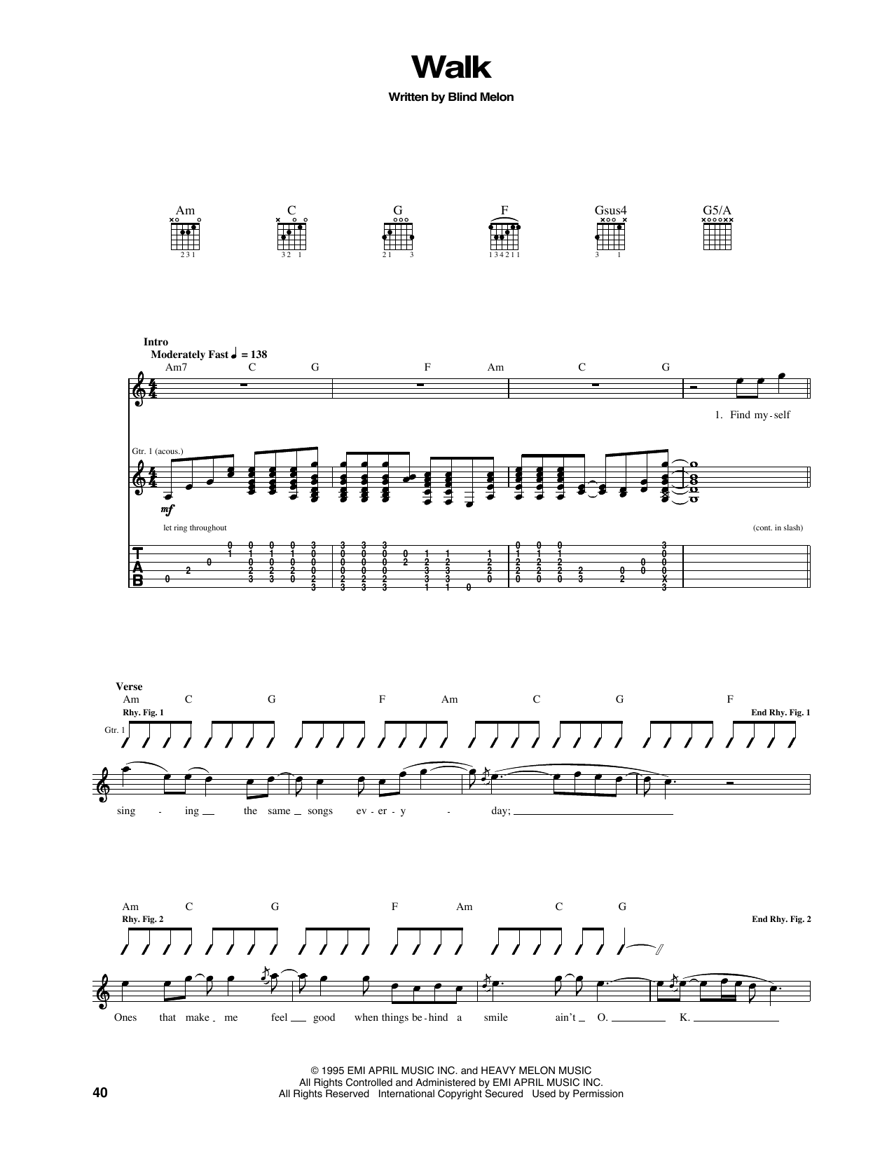 Download Blind Melon Walk Sheet Music and learn how to play Guitar Tab PDF digital score in minutes