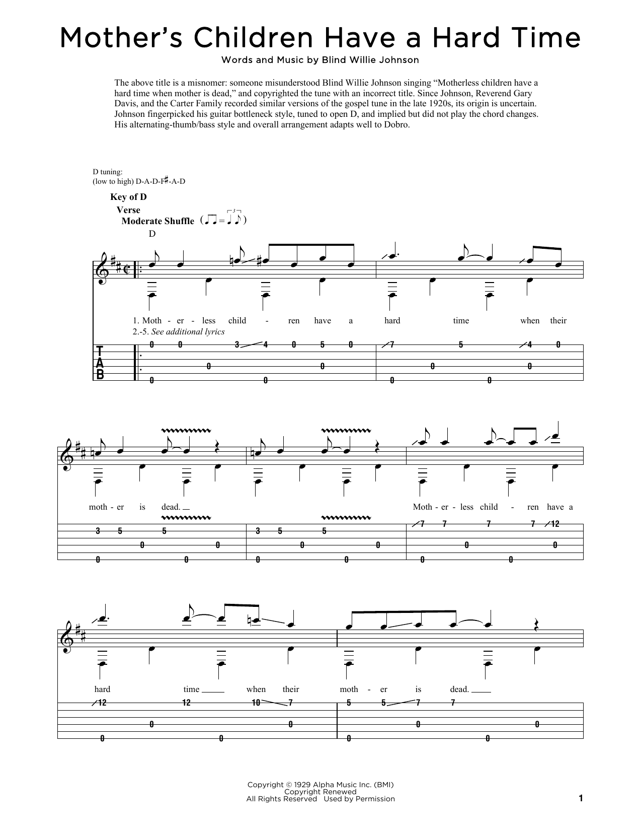 Download Blind Willie Johnson Mother's Children Have A Hard Time Sheet Music and learn how to play Dobro PDF digital score in minutes