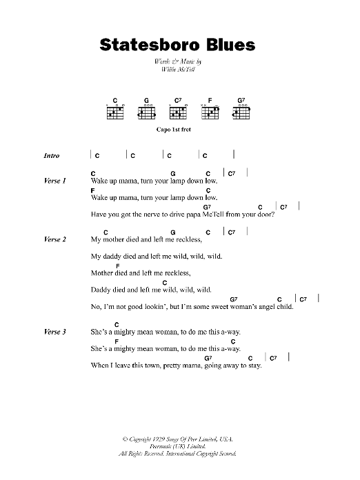 Download Blind Willie McTell Statesboro Blues Sheet Music and learn how to play Lyrics & Chords PDF digital score in minutes