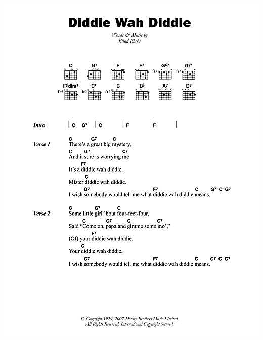 Download Blind Blake Diddie Wah Diddie Sheet Music and learn how to play Lyrics & Chords PDF digital score in minutes