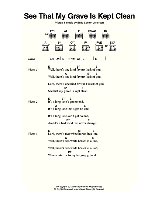 Download Blind Lemon Jefferson See That My Grave Is Kept Clean Sheet Music and learn how to play Lyrics & Chords PDF digital score in minutes