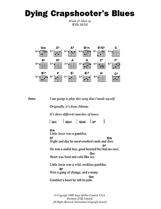 Download Blind Willie McTell Dying Crapshooter's Blues Sheet Music and learn how to play Lyrics & Chords PDF digital score in minutes