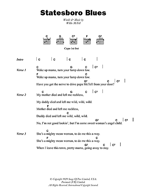 Download Blind Willie McTell Statesboro Blues Sheet Music and learn how to play Lyrics & Chords PDF digital score in minutes