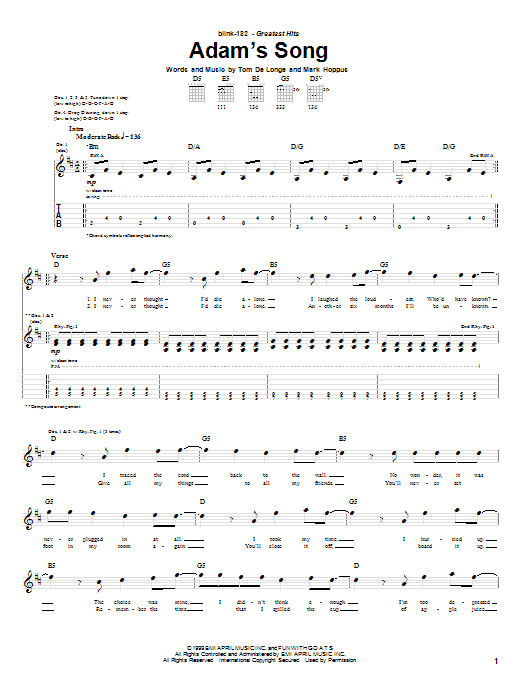 Download Blink 182 Adam's Song Sheet Music and learn how to play Drums Transcription PDF digital score in minutes