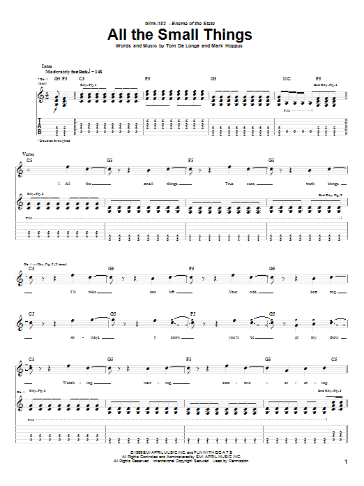 Download Blink 182 All The Small Things Sheet Music and learn how to play Easy Guitar Tab PDF digital score in minutes