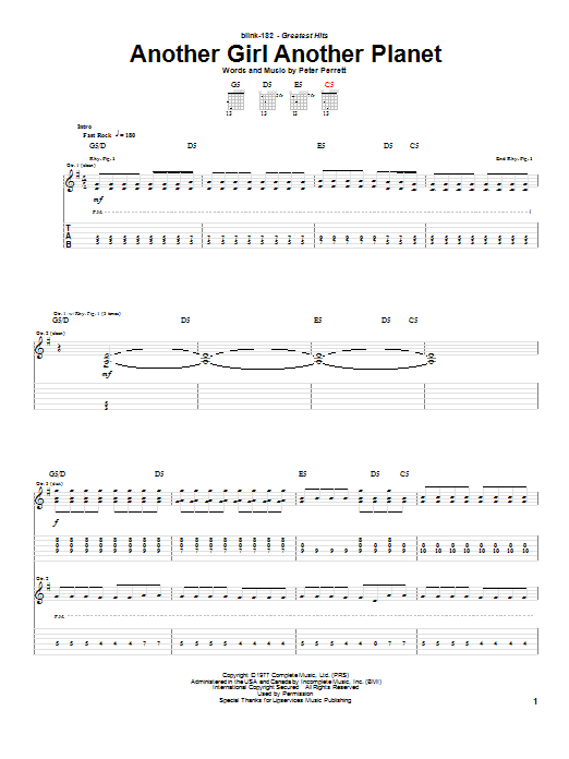 Download Blink-182 Another Girl Another Planet Sheet Music and learn how to play Easy Guitar Tab PDF digital score in minutes