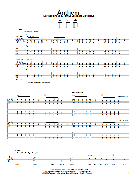 Download Blink-182 Anthem Sheet Music and learn how to play Guitar Tab PDF digital score in minutes