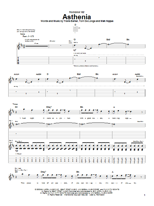 Download Blink-182 Asthenia Sheet Music and learn how to play Guitar Tab PDF digital score in minutes