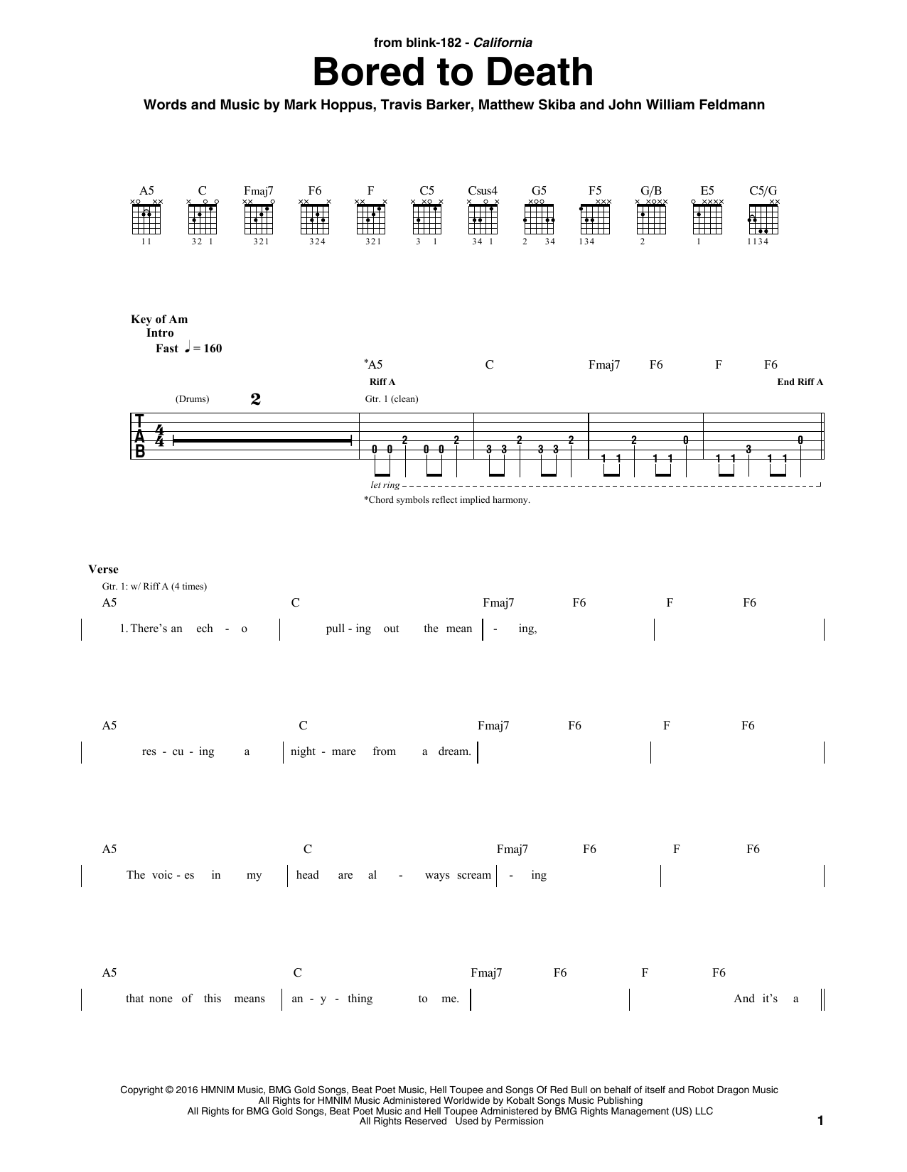 Download Blink 182 Bored To Death Sheet Music and learn how to play Guitar Tab PDF digital score in minutes