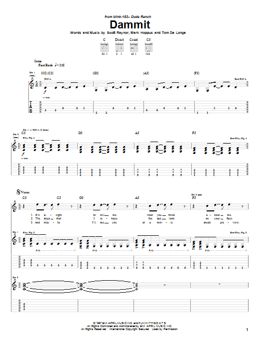 Download Blink-182 Dammit Sheet Music and learn how to play Guitar Tab PDF digital score in minutes