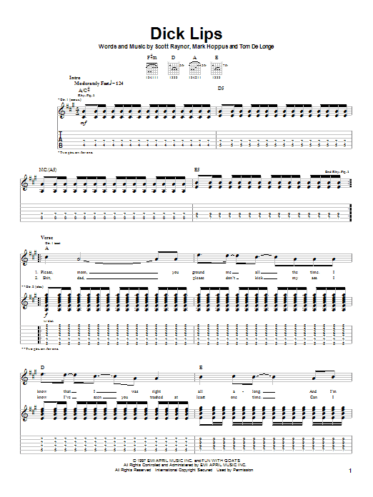 Download Blink-182 Dick Lips Sheet Music and learn how to play Guitar Tab PDF digital score in minutes
