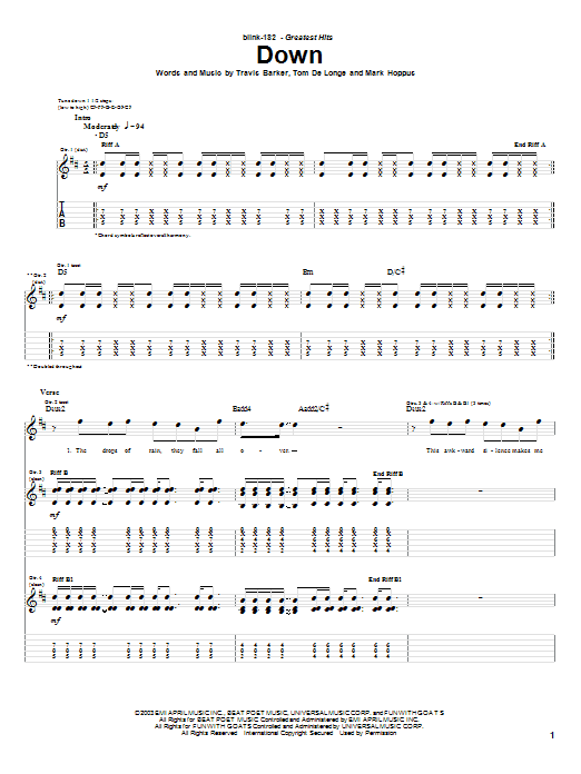 Download Blink-182 Down Sheet Music and learn how to play Easy Guitar Tab PDF digital score in minutes