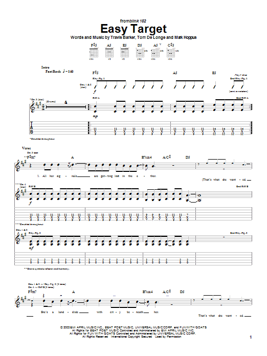 Download Blink-182 Easy Target Sheet Music and learn how to play Guitar Tab PDF digital score in minutes