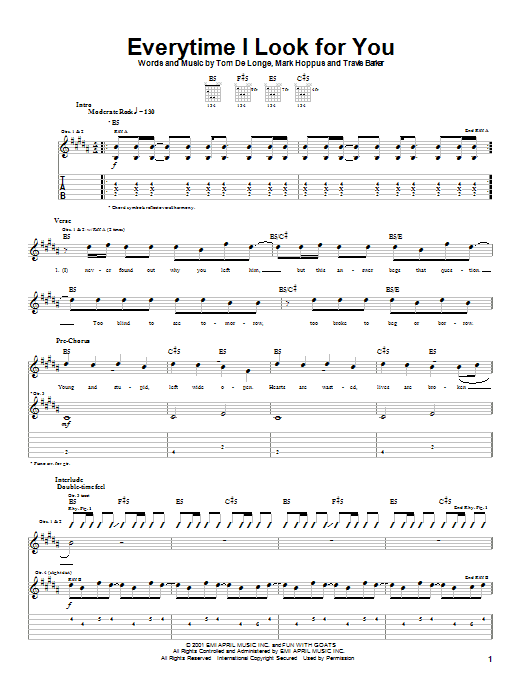Download Blink-182 Everytime I Look For You Sheet Music and learn how to play Guitar Tab PDF digital score in minutes