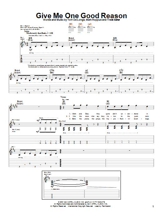 Download Blink-182 Give Me One Good Reason Sheet Music and learn how to play Guitar Tab PDF digital score in minutes