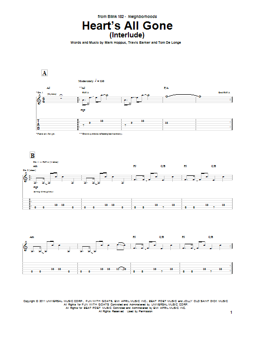 Download Blink-182 Heart's All Gone (Interlude) Sheet Music and learn how to play Guitar Tab PDF digital score in minutes