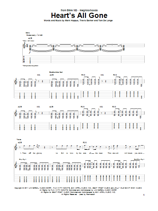 Download Blink-182 Heart's All Gone Sheet Music and learn how to play Guitar Tab PDF digital score in minutes