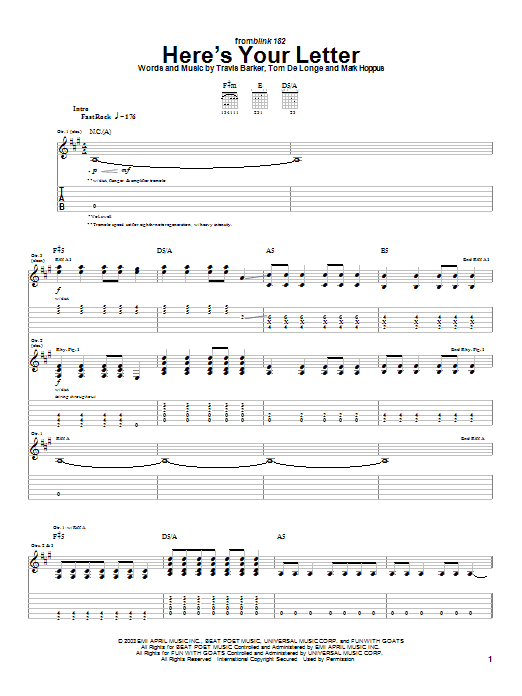 Download Blink-182 Here's Your Letter Sheet Music and learn how to play Guitar Tab PDF digital score in minutes