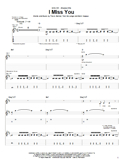 Download Blink-182 I Miss You Sheet Music and learn how to play Guitar Lead Sheet PDF digital score in minutes