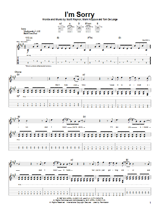 Download Blink-182 I'm Sorry Sheet Music and learn how to play Guitar Tab PDF digital score in minutes