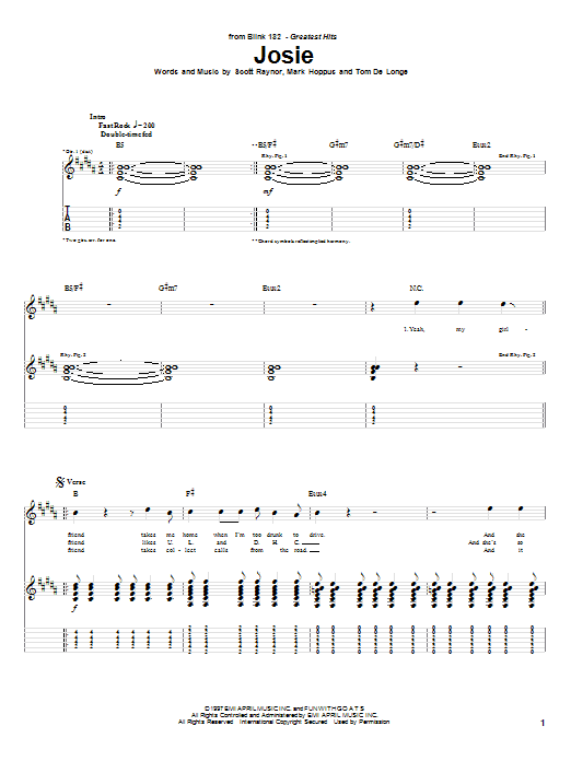 Download Blink 182 Josie Sheet Music and learn how to play Drums Transcription PDF digital score in minutes