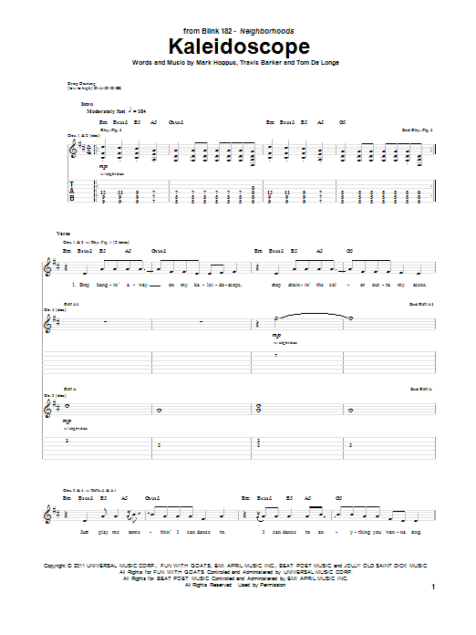 Download Blink-182 Kaleidoscope Sheet Music and learn how to play Guitar Tab PDF digital score in minutes