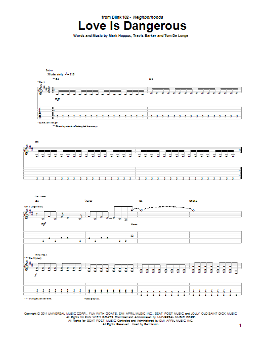 Download Blink-182 Love Is Dangerous Sheet Music and learn how to play Guitar Tab PDF digital score in minutes